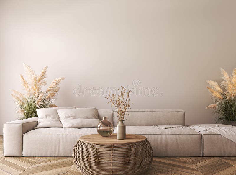 Sala de estar de vintage em cores pastosas leves. mockup doméstico. design scandi boho style 3d. 3d de alta qualidade
