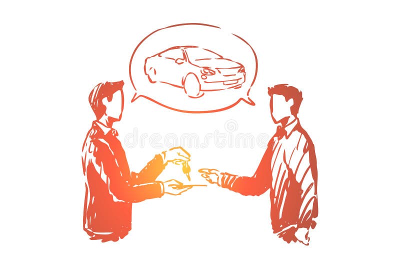 Sala de exposi??es do autom?vel, transporte da compra do homem, vendedor que d?o chaves do cliente, cliente e vendedor que fazem ilustração royalty free Sala de exposi??es do autom?vel, transporte da compra do homem, vendedor que d?o chaves do cliente, cliente e vendedor que fazem ilustração royalty free