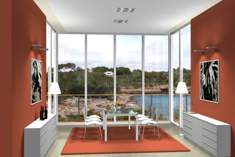 sala de jantar 3D com vista fantástica ilustração royalty free sala de jantar 3D com vista fantástica ilustração royalty free