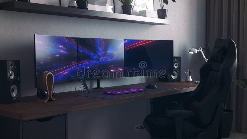 PC De Jogos De Computador Na Mesa De Jogos De Vídeo Na Sala Escura Com Luz  De Néon. Ambiente De Trabalho Moderno Futurista De Blogueiro Da Internet,  Streamer Ou Gamer De Computador.