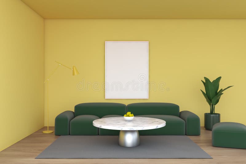 Sala de visitas amarela, sofá verde e cartaz ilustração do vetor Sala de visitas amarela, sofá verde e cartaz ilustração do vetor