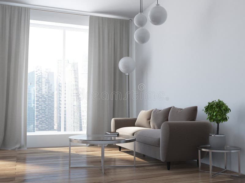 Sala de visitas bege interior, vista lateral do sótão do sofá ilustração royalty free Sala de visitas bege interior, vista lateral do sótão do sofá ilustração royalty free