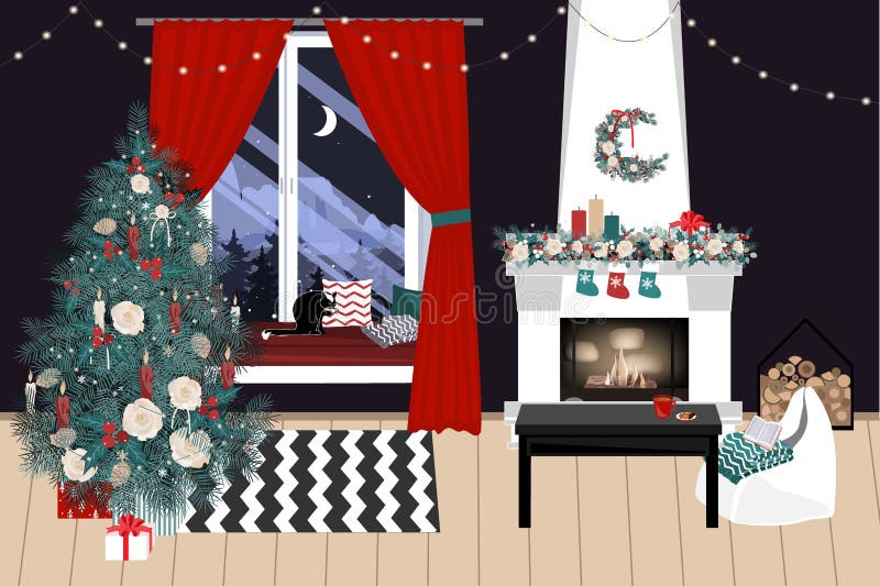 Sala de visitas do Natal com uma árvore de Natal e presentes sob ela - estilo escandinavo moderno, ilustração do vetor ilustração royalty free Sala de visitas do Natal com uma árvore de Natal e presentes sob ela - estilo escandinavo moderno, ilustração do vetor ilustração royalty free