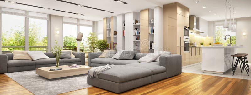 Sala de visitas moderna com grandes sofás e cozinha moderna