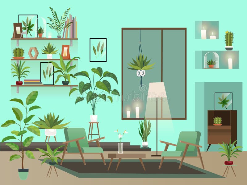 Living room at night. Urban room interior with indoor flowers, chairs, vase and candles. Living room at night. Urban room interior with indoor flowers, chairs, vase and candles