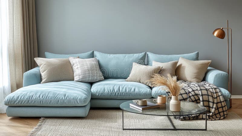 Sala di convivenza moderna con software blu e cuscini beige. Generative AI. Un salotto moderno e accogliente con un divano blu e cuscini beige crea un'atmosfera calda e invitante con un design minimalista.