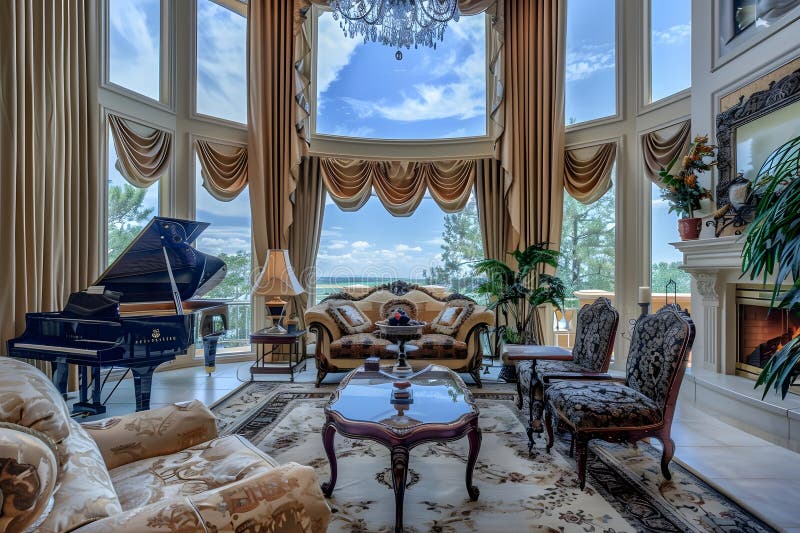 Sala di Gran Sala con vista panoramica Piano di Arredamento Elegante e FloortoCeiling Windows Showcasing Stunning S royalty illustrazione gratis