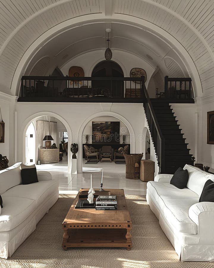 Sala di lusso con soffitto ad arco elevato, con divani bianchi lampeggianti e scale di legno scuro bagnate illustrazione vettoriale