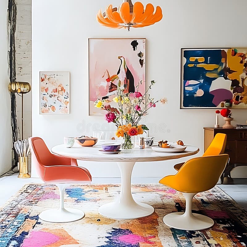 Sala di pranzo moderna di metà secolo con arte astratta e mobili colorati illustrazione di stock