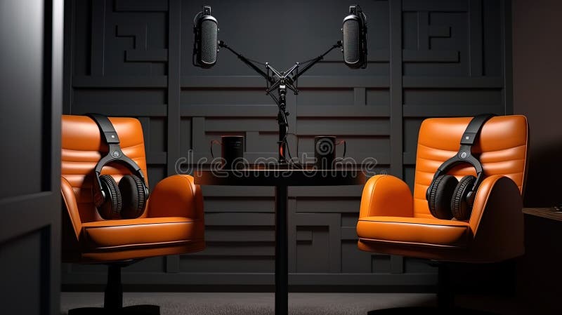 Sala di registrazione podcast due sedie e due microfoni illustrazione di stock