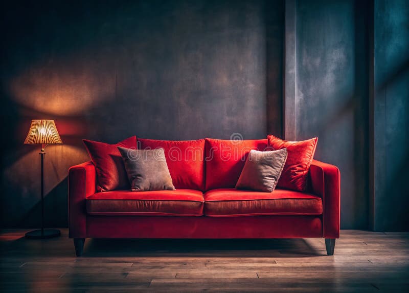 Sala di soggiorno invitante con il comodo divano rosso e un design interiore caldo e accogliente royalty illustrazione gratis