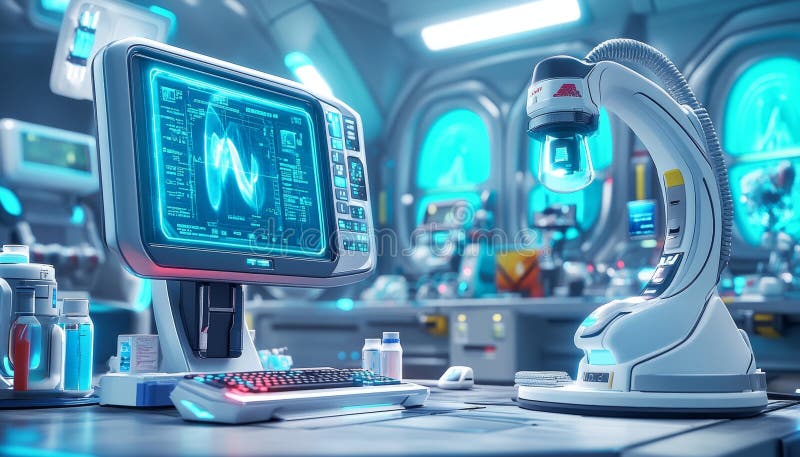 Sala futuristica medica con computer e microscopio 3d illustrazione vettoriale