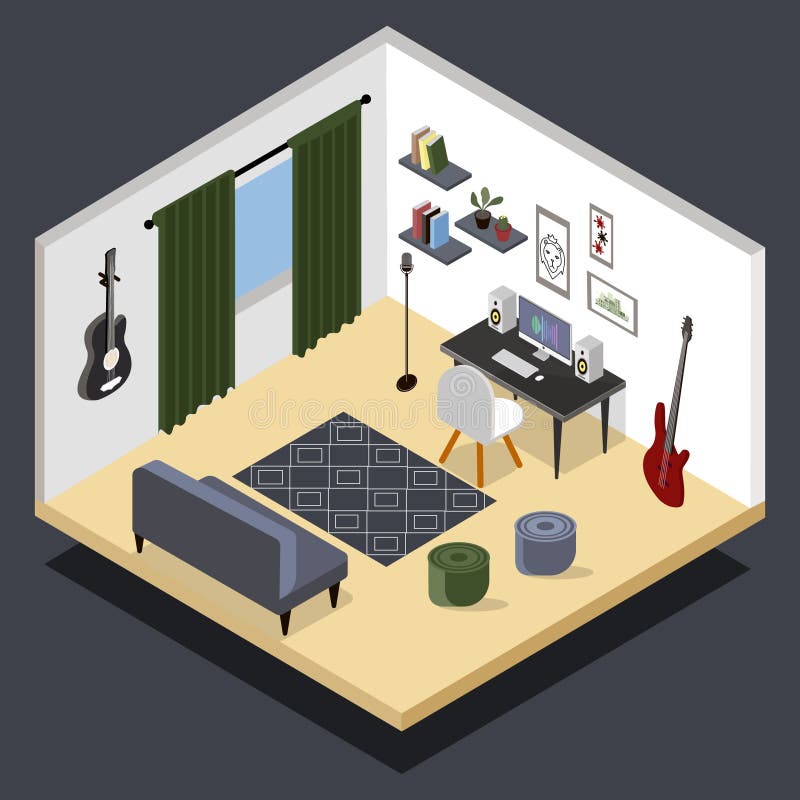 Sala isométrica do músico s Estúdio de gravação isométrico da música da casa do vetor com equipamento relacionado ilustração royalty free Sala isométrica do músico s Estúdio de gravação isométrico da música da casa do vetor com equipamento relacionado ilustração royalty free