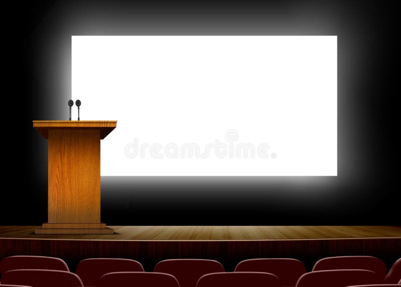 Sala konferencyjna z podium i prezentaci ekranami ilustracji Sala konferencyjna z podium i prezentaci ekranami ilustracji