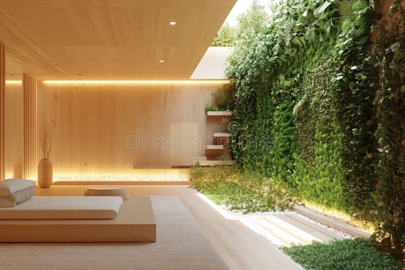 Sala minimalista moderna con giardino verticale e illuminazione naturale illustrazione vettoriale