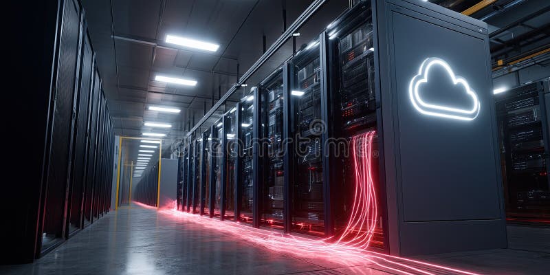 Sala serwerów futurystycznych z błyszczącą chmurą holograficzną i czerwonymi strumieniami danych ilustracji