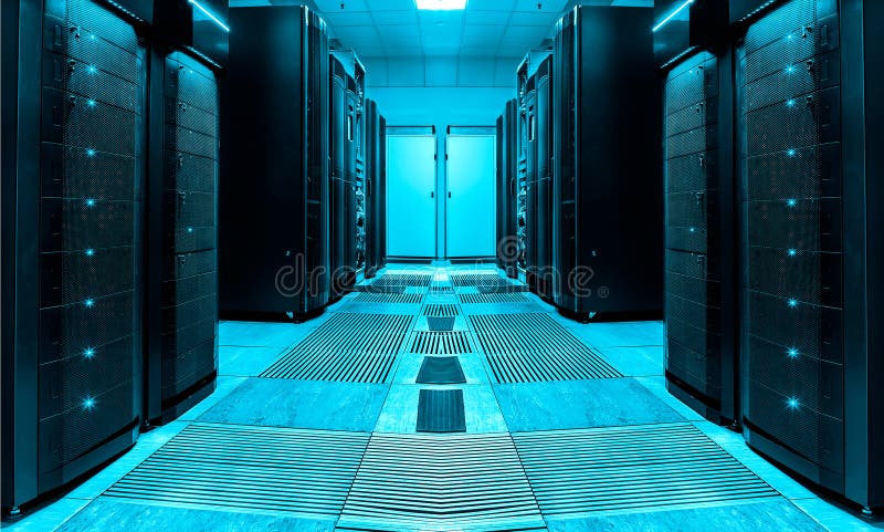 Symmetric server room with rows of mainframes in the modern data center, futuristic design. Symmetric server room with rows of mainframes in the modern data center, futuristic design