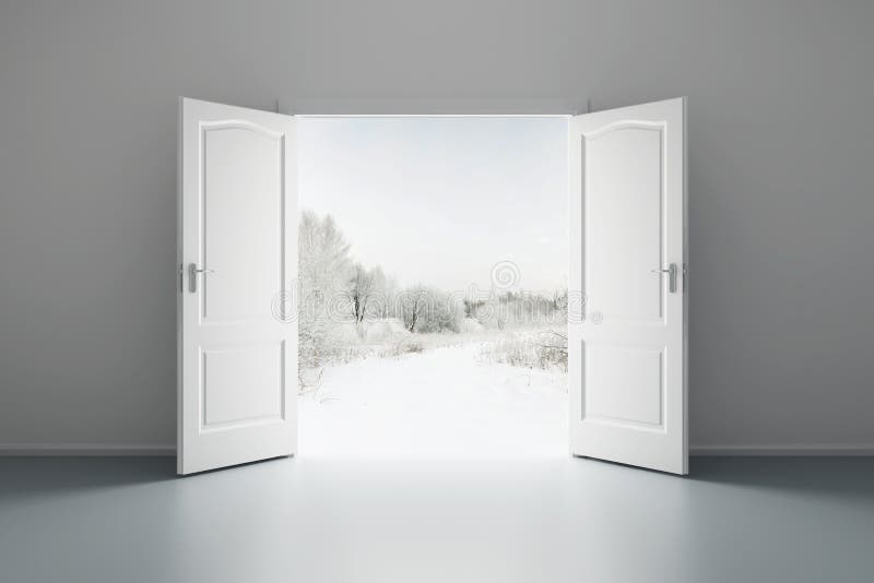 Sala vazia branca com porta aberta