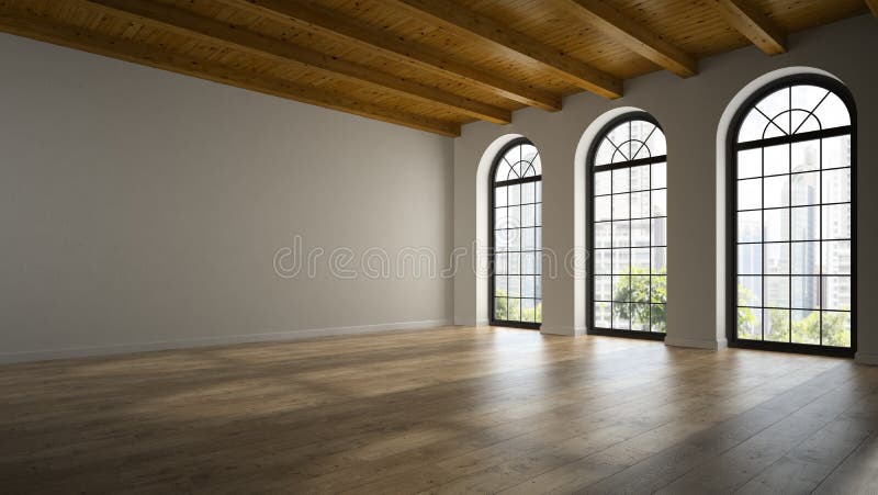 Sala vazia do sótão com as janelas 3D do arco que rendem 2