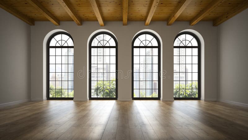 Sala vazia do sótão com rendição das janelas 3D do arco