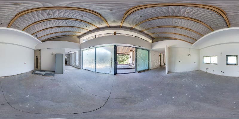 Sala vazia sem reparo panorama esférico sem emenda completo do hdri 360 graus de opinião de ângulo no interior da sala branca do imagens de stock Sala vazia sem reparo panorama esférico sem emenda completo do hdri 360 graus de opinião de ângulo no interior da sala branca do imagens de stock
