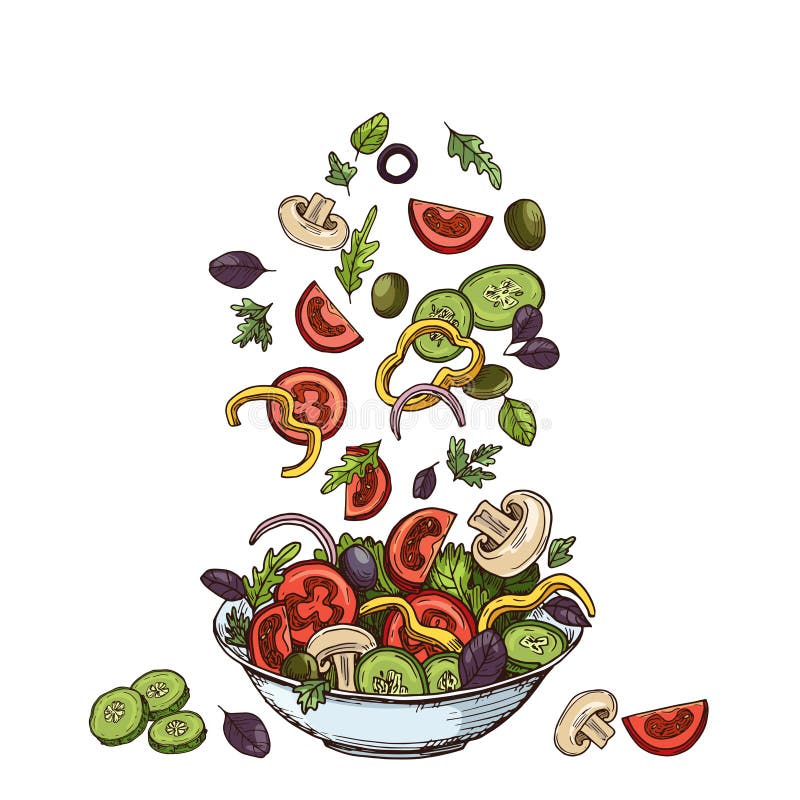 Salad background. Hand drawn healthy food ingredients. Mushrooms cucumbers, tomatoes olives and lettuce leaves. Vector vector illustration Salad background. Hand drawn healthy food ingredients. Mushrooms cucumbers, tomatoes olives and lettuce leaves. Vector vector illustration