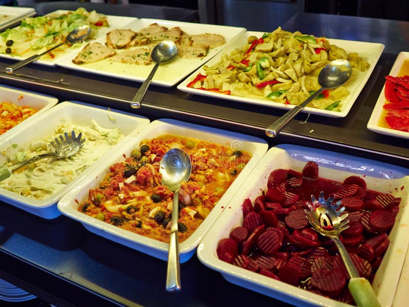 Salad Bar with Different Fresh Vegetables and Other Dishes Stock Image