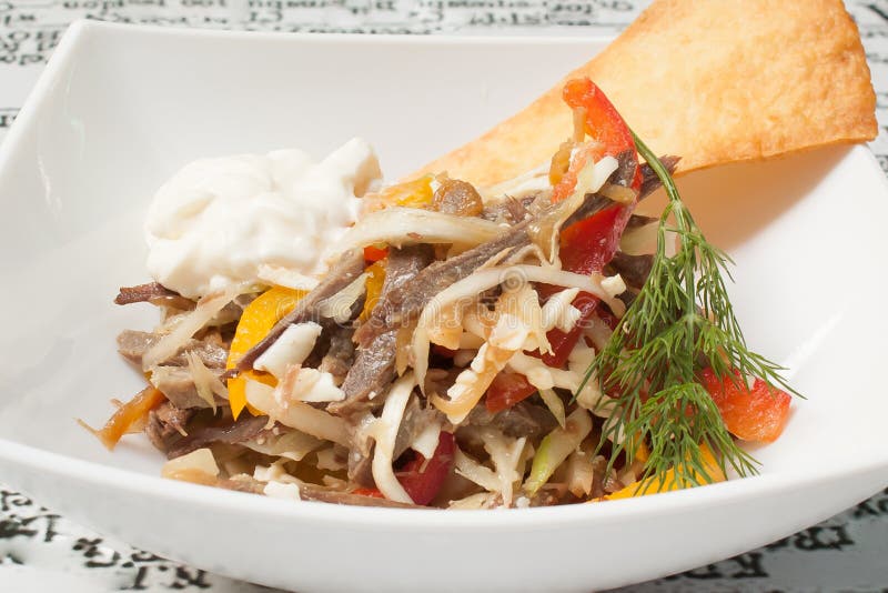 Salad of Beef, Cheese, Bell Pepper with Mayonnaise. Photo Format