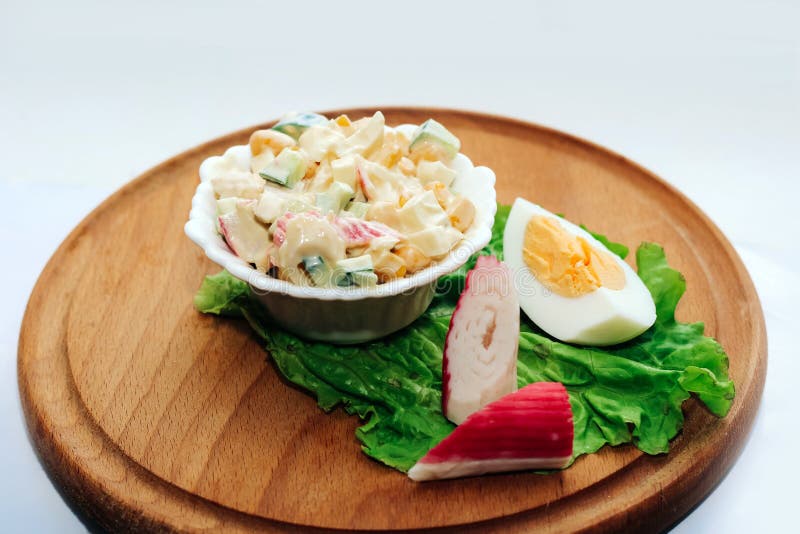 Salad with Crab Sticks, Cubed Cucumber, Corn and Egg with Mayonnaise on