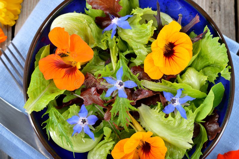 Salad with edible flowers nasturtium, borage.