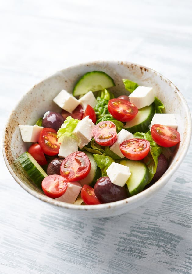 Salad with Kalamata Olives, Cucumber Cherry Tomatoes and Feta Cheese on