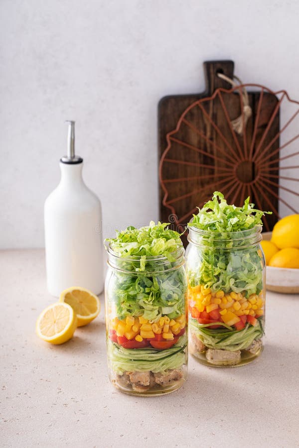Salad Meal Prep in a Jar, Vegetables and Corn Salad with Chicken Stock