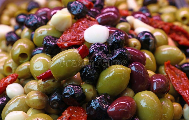 Salad mix of olives in oil close up