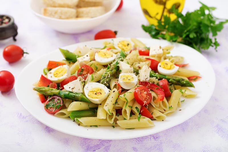 Salad - Penne Pasta with Asparagus, Tomatoes, Quail Eggs, Mozzarella