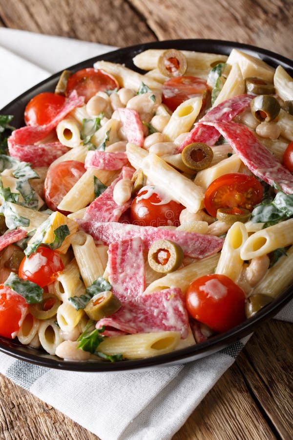 Salad of Penne Pasta with Salami, and Vegetables with Cream Sauce Close ...