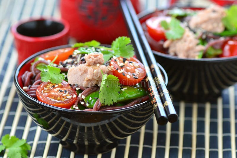 Salad from Rice Noodles with a Tuna Stock Photo Image of pepper