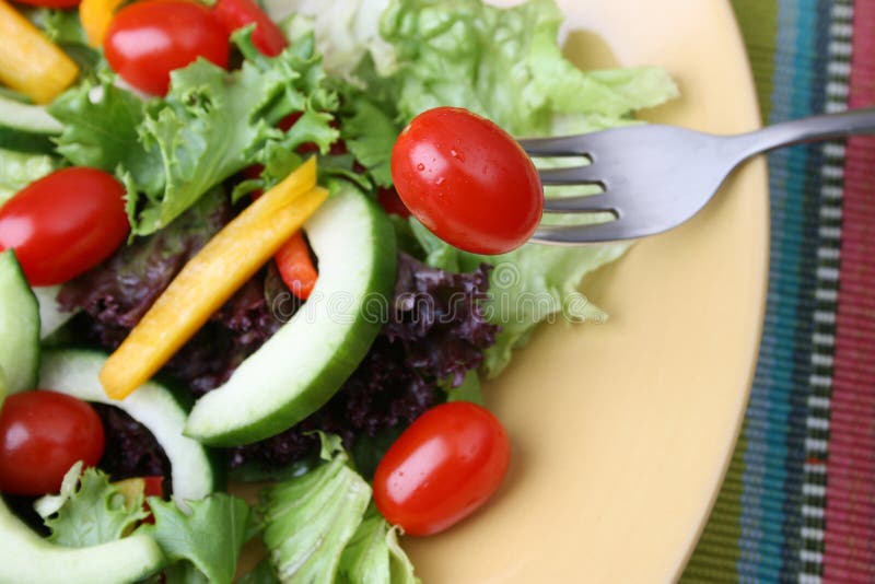 Salad with tomato on fork