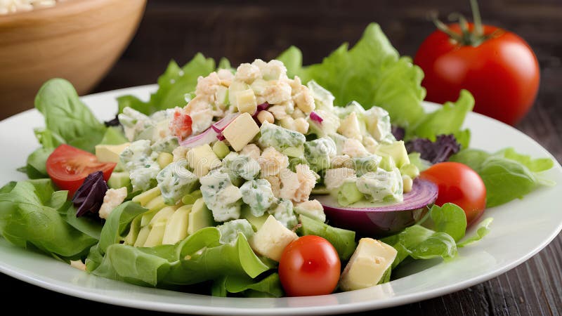 A salad with a variety of vegetables and a few pieces of chicken stock illustration