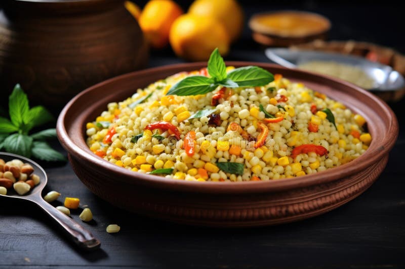 Salada cuscuz com grãos de milho grelhados numa taça de metal redondo ilustração royalty free