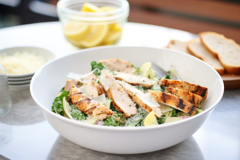Salada de César fresca numa taça branca com fatias de frango grelhadas no topo fotografia de stock