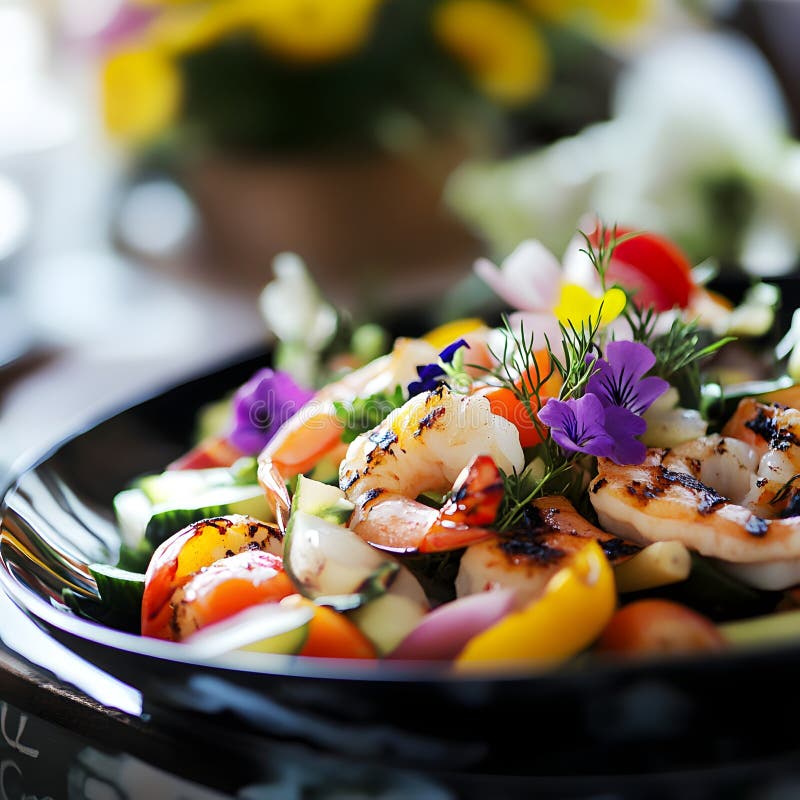 Salada de marisco com camarão e legumes numa taça negra. Foco seletivo das flores comestíveis de alimentos grelhados foto de stock