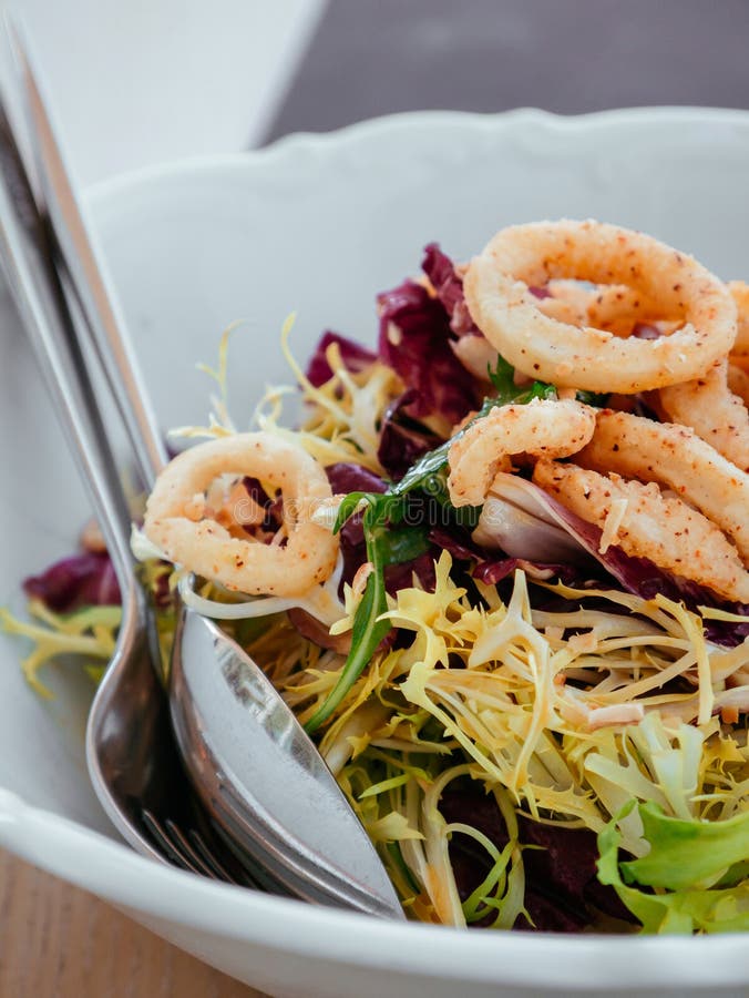 Crispy Fried Calamari and fresh Frisee Radicio mix green salad in white bowl with fork and spoon. Crispy Fried Calamari and fresh Frisee Radicio mix green salad in white bowl with fork and spoon