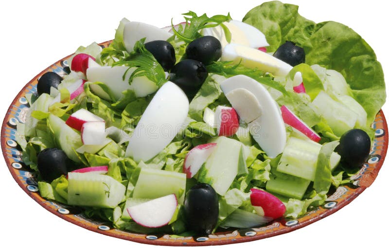 Salade chevronnée avec des légumes, des oeufs, des concombres et des herbes image libre de droits Salade chevronnée avec des légumes, des oeufs, des concombres et des herbes image libre de droits