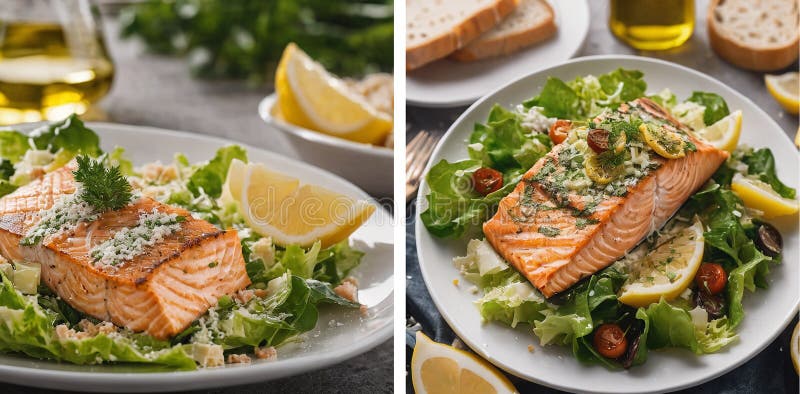Salade de césar au saumon grillé et citron sur fond de pain frais et d'huile d'olive et de roue de parmesan photo stock