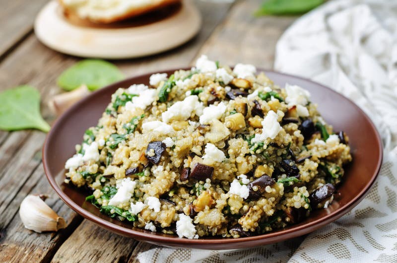 Salade de feta d'aubergine d'épinards de quinoa image stock Salade de feta d'aubergine d'épinards de quinoa image stock