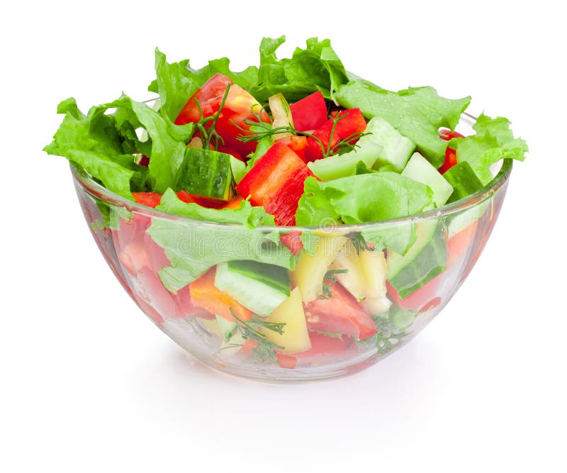 Salade de légume frais dans le bol en verre d'isolement sur le fond blanc images libres de droits Salade de légume frais dans le bol en verre d'isolement sur le fond blanc images libres de droits