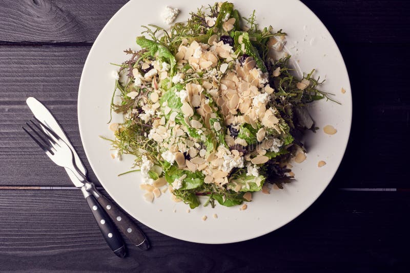 Salade de Rocket avec l'arugula, le parmesan, le citron, l'huile d'olive d'écrous et les assaisonnements images stock Salade de Rocket avec l'arugula, le parmesan, le citron, l'huile d'olive d'écrous et les assaisonnements images stock