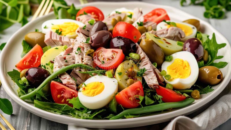 French Salade Niçoise Dish, Mixed Salad Consisting of Various Vegetables Like Tomatoes, Hard-Boiled Eggs, Olives, Anchovies, and Tuna, With Olive Oil. Originates from The City Of Nice Traditional French Dish Promotion Background. French Salade Niçoise Dish, Mixed Salad Consisting of Various Vegetables Like Tomatoes, Hard-Boiled Eggs, Olives, Anchovies, and Tuna, With Olive Oil. Originates from The City Of Nice Traditional French Dish Promotion Background