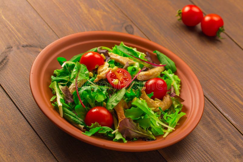 Salade fraîche avec du blanc de poulet, l'arugula et la tomate photographie stock libre de droits Salade fraîche avec du blanc de poulet, l'arugula et la tomate photographie stock libre de droits