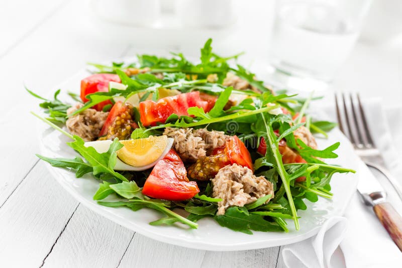 Salade met tonijn Plantaardige salade met gekookte ei, tonijn en arugula De salade van vissen royalty-vrije stock foto Salade met tonijn Plantaardige salade met gekookte ei, tonijn en arugula De salade van vissen royalty-vrije stock foto